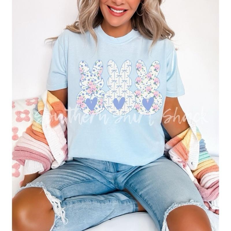 Floral Bunny Trio T shirt | Light Blue comfort colors t shirt | Easter T shirt