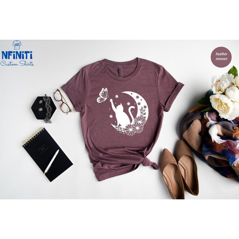 Floral Cat Shirt Floral Cat Tee Cat Lover Shirt Animal Lover Tee Cat And Butterfly Tee Floral Animal Shirt Gift For Her Gift For Mom TK43GN