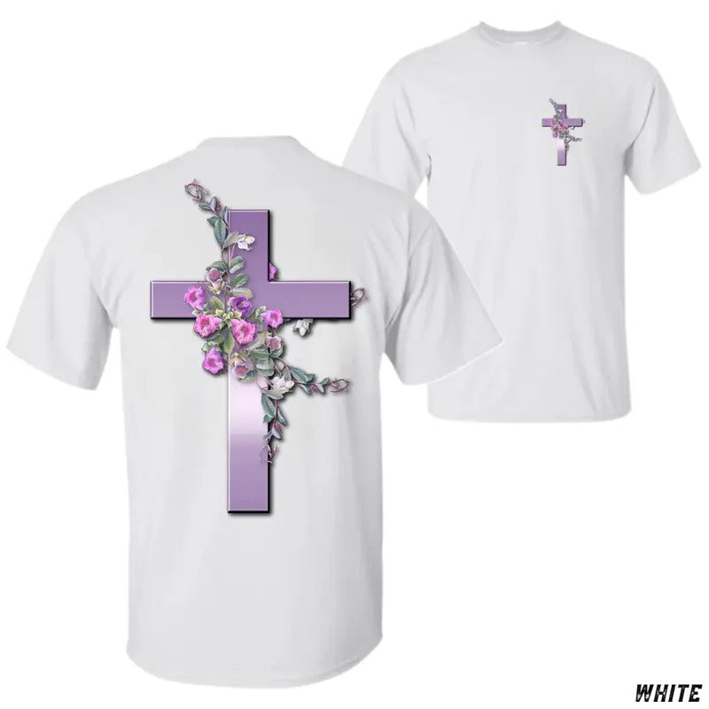 Floral Cross T-shirt - Elegant Purple Cross with Floral Design, Perfect for Christian Faith and Spirituality, Unisex Casual Tee Menswear Top Classic Cotton