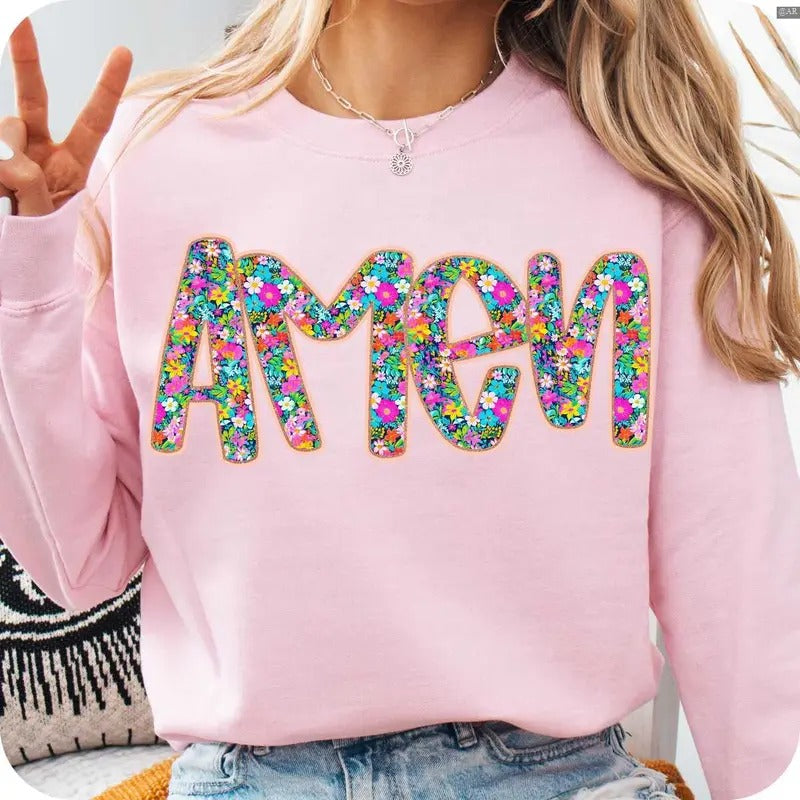 Floral Glitter Amen Sweatshirt, Retro Amen, Preppy Easter, Retro Crewneck, Gift For Lovers,, Trendy Top