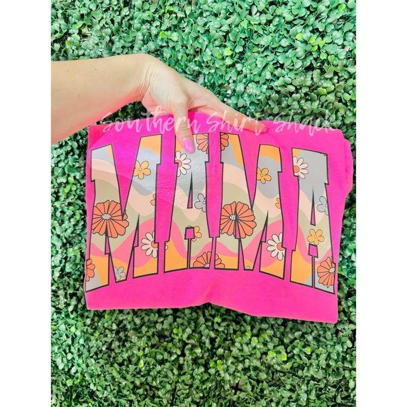 Floral Groovy Mama T shirt | Neon Pink comfort colors T shirt top