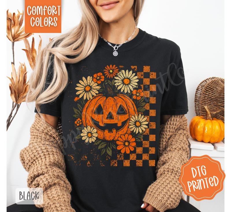 Floral Jack-O-Lantern Shirt Comfort Colors, Trendy Halloween Pumpkin Tshirt