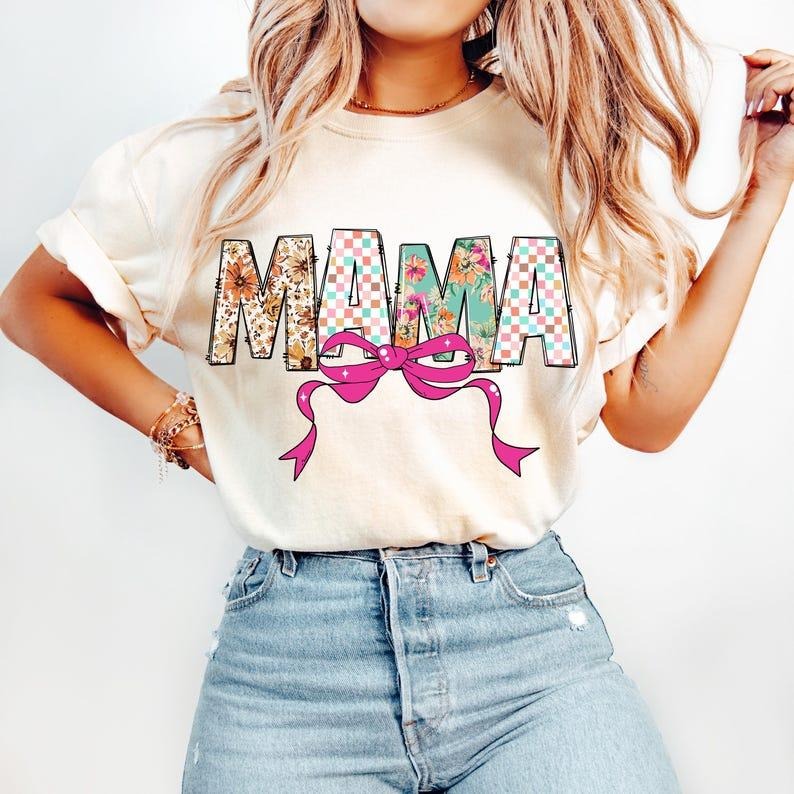 Floral Mama Coquette Bow, Mama Checkered, Pink Mama, Mama Varsity Tshirt