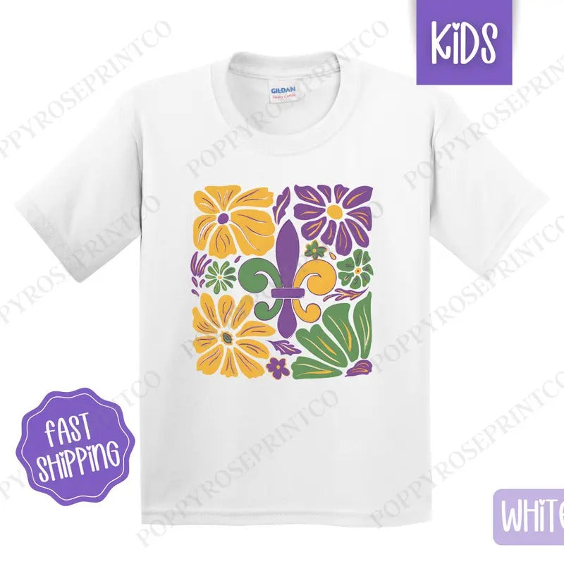 Floral Mardi Gras Bows Kids Shirt - Louisiana Parade Boho Children's Tshirt - Cute Youth Tee Gildan