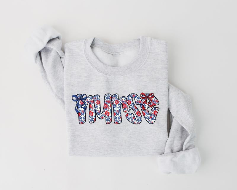 Floral Nurse Coquette 4th of July Shirt, Nurse 4th Of July Sweatshirt, Red White Blue Letters Shirt, Ditsy Flowers Coquette 4th of July USA Crewneck