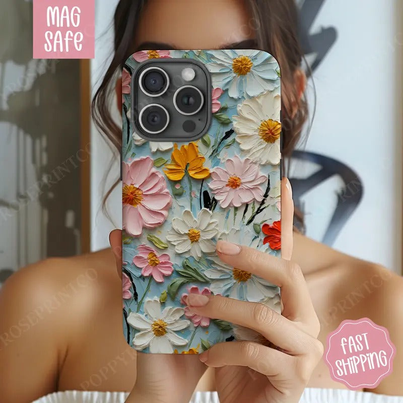 Floral Oil Painting Phone Case, Women's Phone Case Mag Safe Compatible, Magnetic Tough Cases