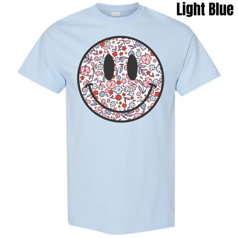 Floral Patriotic Happy Face Gildan Short Sleeve T-Shirt 'NLB' Hoodie, Sweatshirt | WearSparks.com