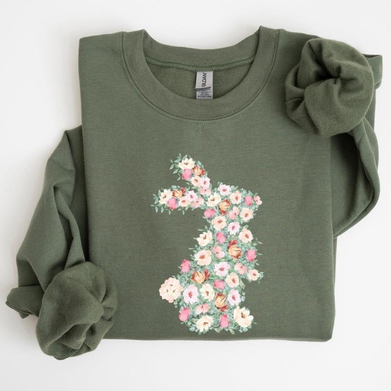 Floral Print Rabbit, Bunny, Easter Sweatshirt, Women's Crew Neck, Crewneck Shirt Graphic Tee, tshirt hot trend 2025
