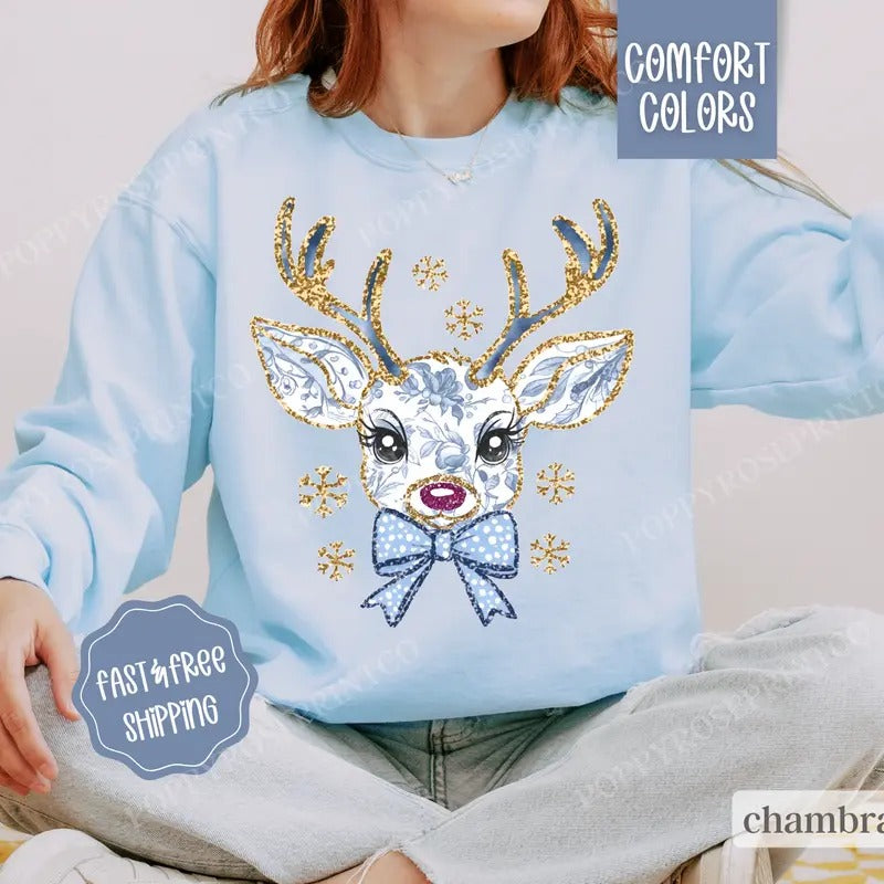 Floral Reindeer Christmas Sweatshirt Comfort Colors, Blue Floral Christmas Crewneck, Womens Holiday Sweater T-Shirts, Hoodie