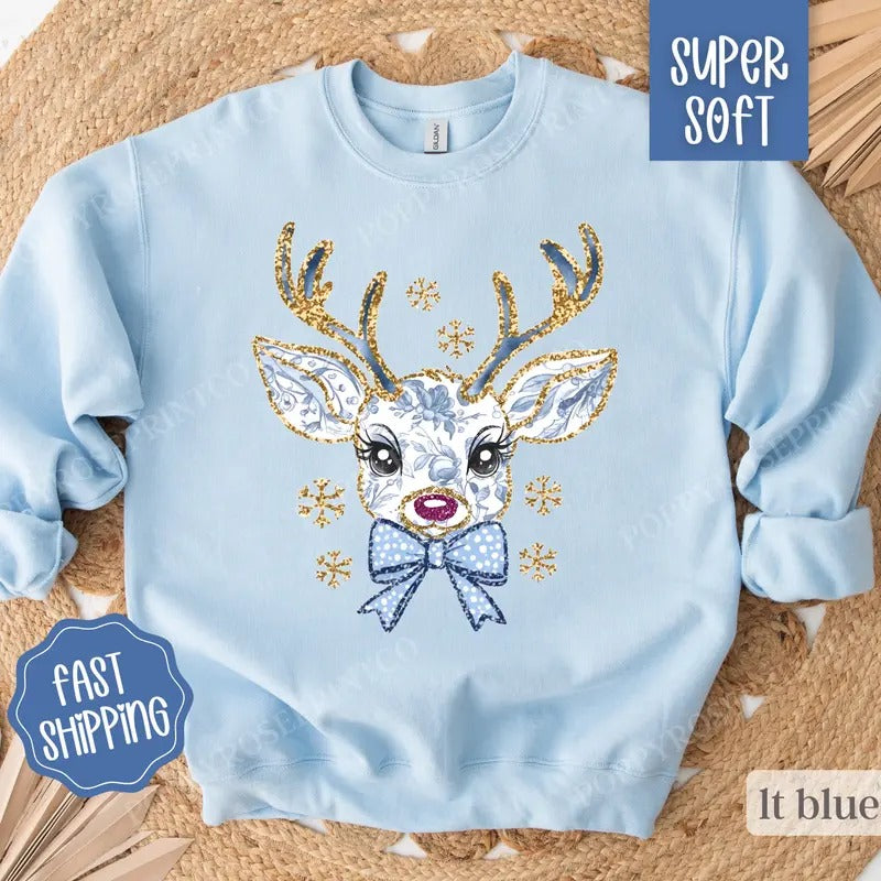 Floral Reindeer Christmas Sweatshirt, Blue Floral Christmas Crewneck, Womens Holiday Sweater