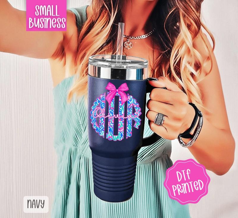 Floral Scallop Monogram Insulated Travel Mug 40oz Stainless Steel Double-Wall Insulated Tumbler with Lid & Straw BPA Free Drinkware