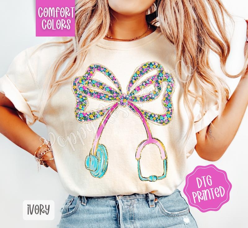 Floral Stethoscope Bow Comfort Colors Shirt, Cute Nurse Tshirt, Women's Tee, Gift for Her