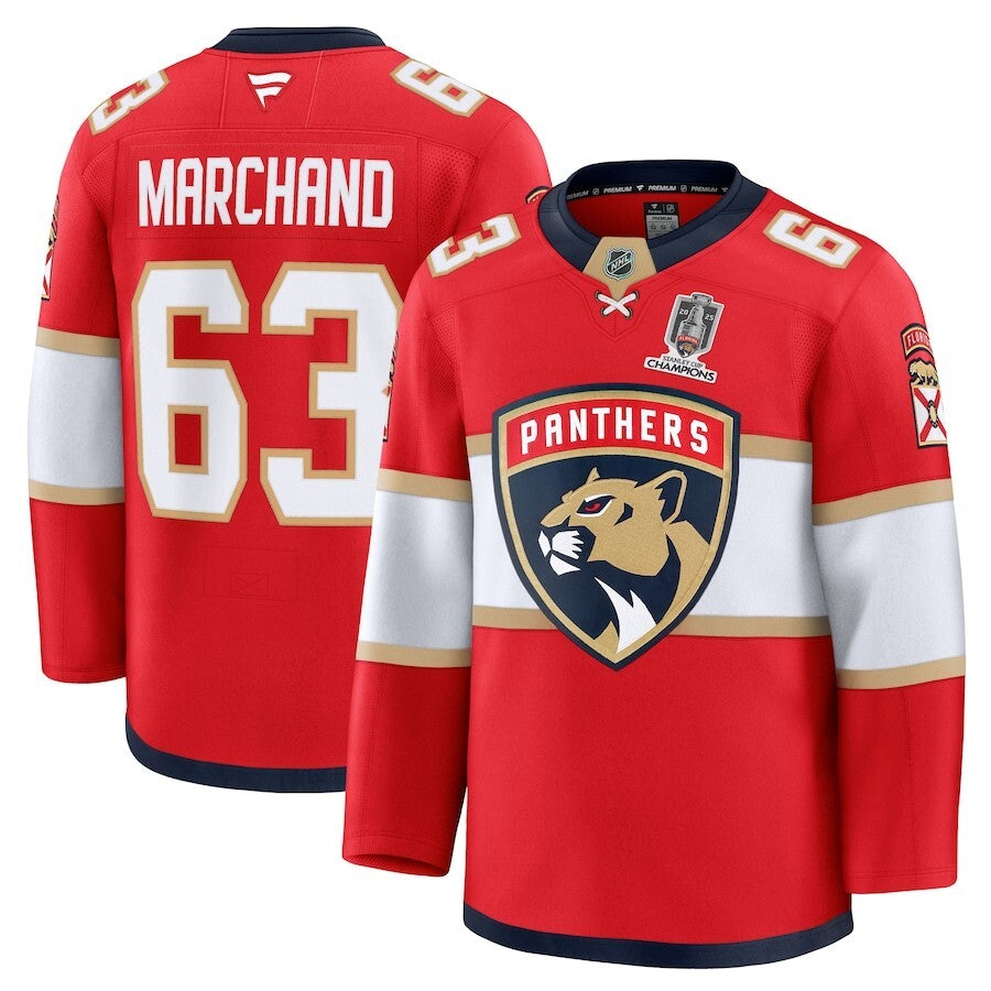 Florida Panthers #63 Brad Marchand Fanatics Home 2025 Stanley Cup Champions Premium Patched Jersey - Red