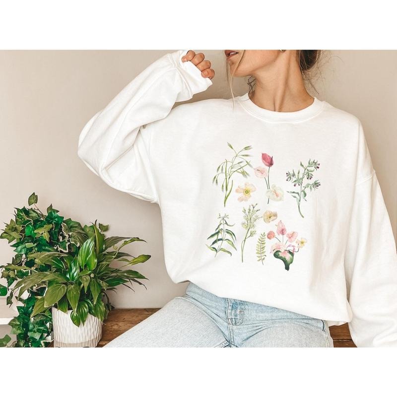 Flowers sweatshirt , Gift for her, Women trendy jumper , Spring concept sweat, Wild meadow flower nature top , Floral gift , Botanical