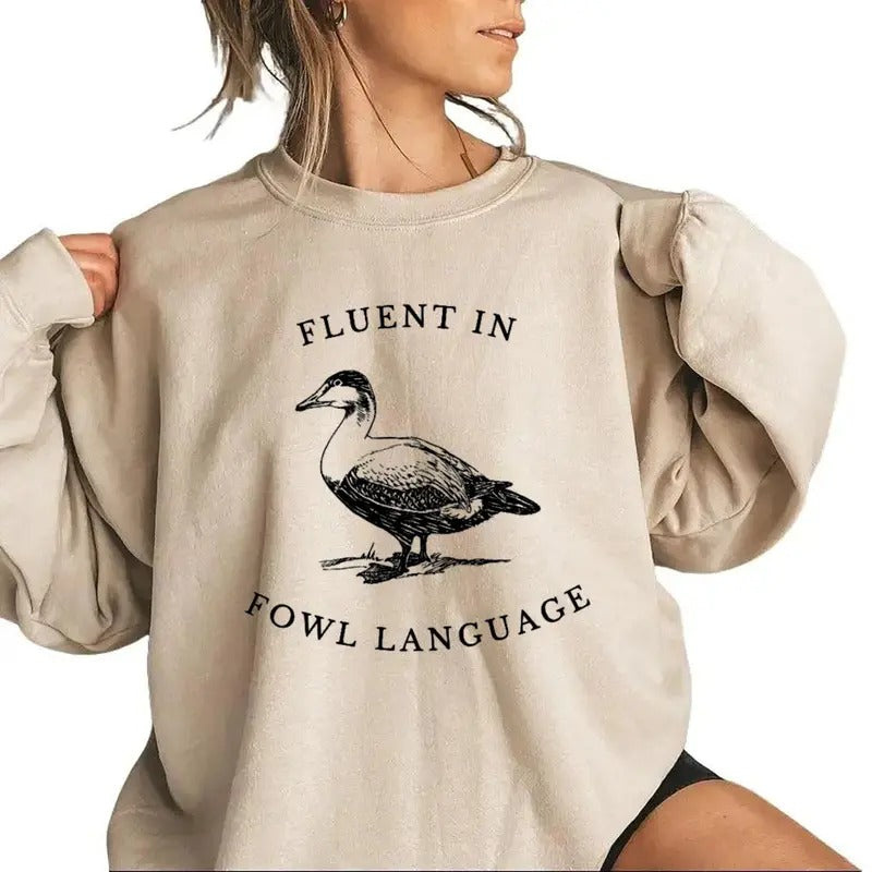 Fluent in Fowl Language Gift for Duck Lover Duck or Chicken Farmer T-Shirt for Off Grid Homestead Country Life Cotton