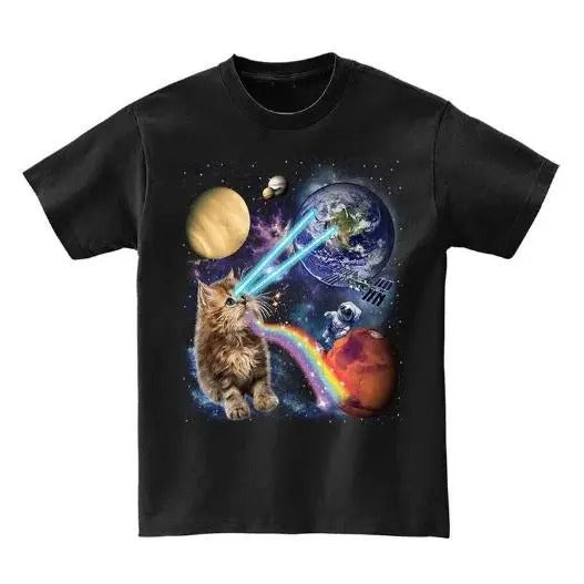 Fluffy Kitten Shooting Laser, Rainbow, Space Galaxy, Cat - Short Sleeve Unisex, Men, Women, Youth T-Shirt Made in USA