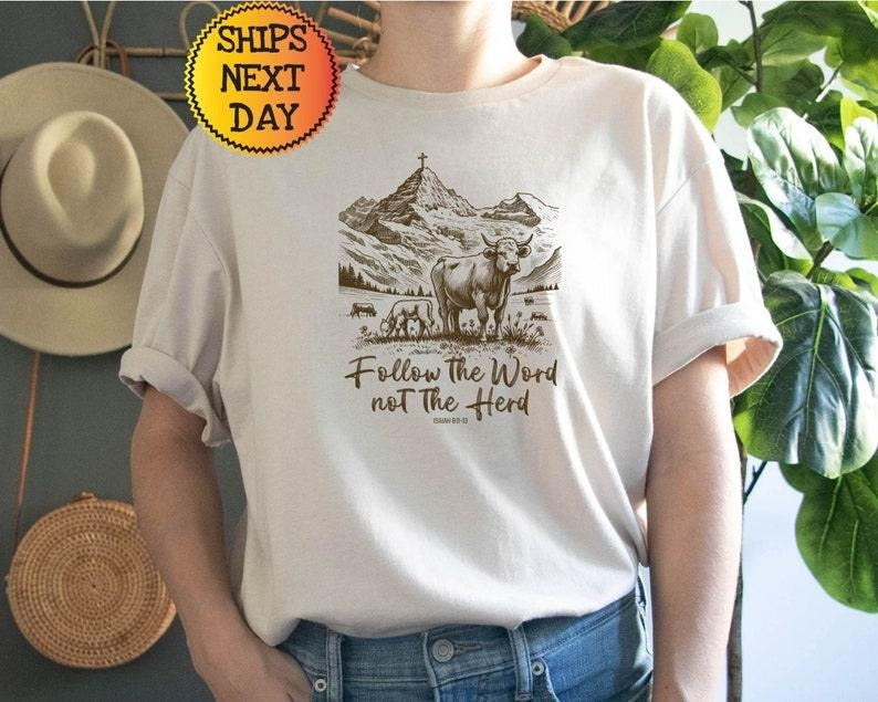 Follow the Word Not the Herd Shirt, Funny Bible T Shirt, Isaiah 8:11-13, Christian Country Shirt, Western Cowboy Sweater, Western Cow Shirt Cotton Menswear Cotton Menswear