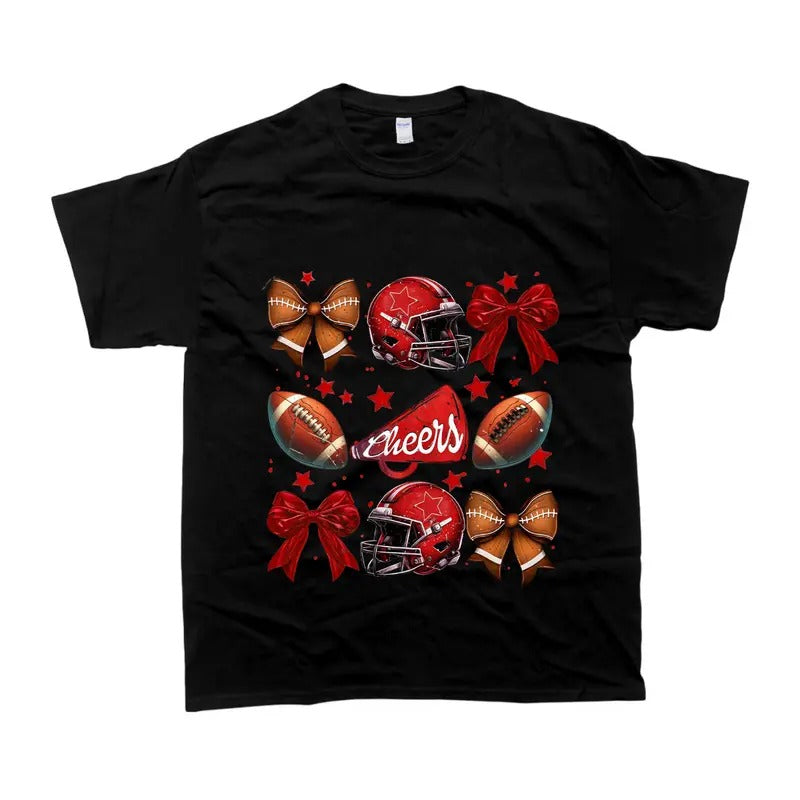 Football Cheer T-shirt, Football Coquette Bow Shirt, Coquette Aesthetic, Custom Football Cheer Tee, Custom Colors, Custom School Name, Unisex Shirt Casual Cotton