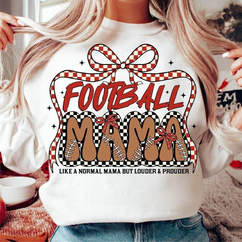 Football Mama Sweatshirt Coquette Bow Checkered Football Mom Game Day Sports Retro Football