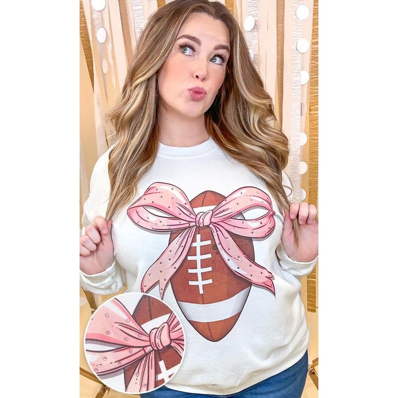 Football Pink Bow Rhinestone Graphic Sweatshirt