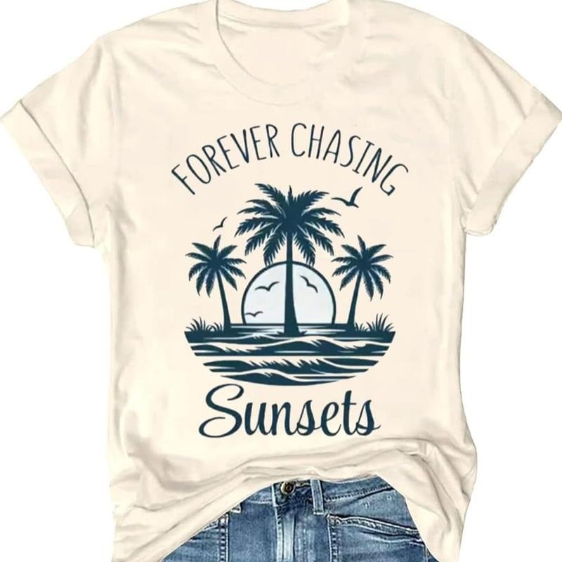 Forever Chasing Sunsets Tshirt Sunset Chaser Shirt Summer Funny Letter Graphic Tee Tops Fit