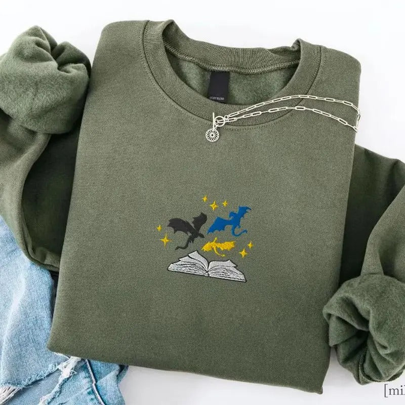 Fourth Wing Merch, Dragons and Pages Embroidered Sweatshirt, Reader Shirt, Onyx Storm Sweater, Iron Flame Shirt, Basiath Crewneck Sweatshirt