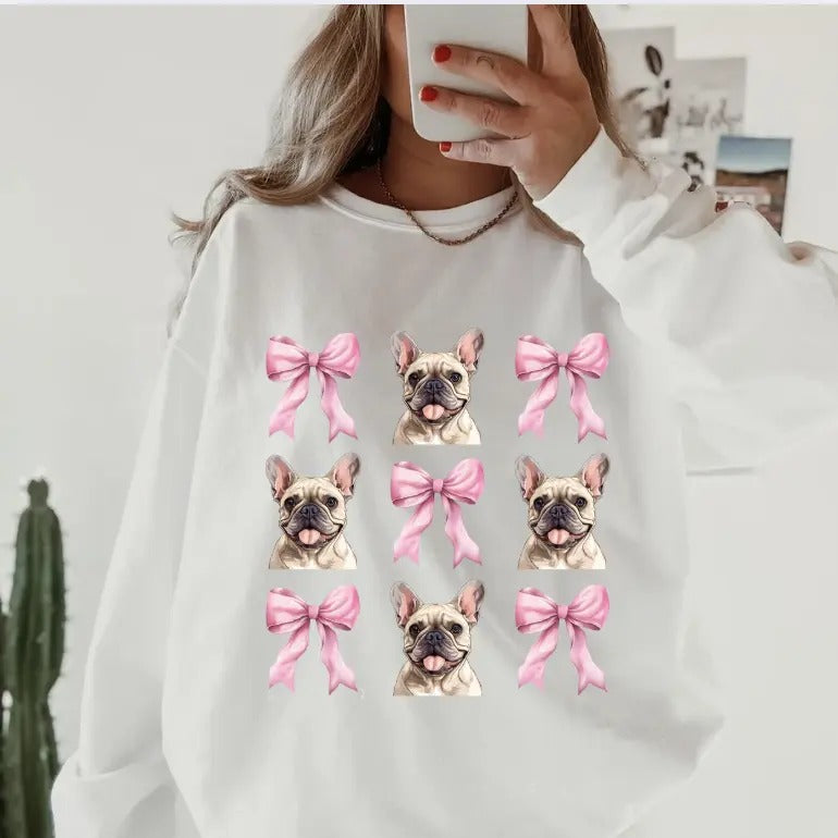 French Bulldog with Bows Sweatshirt ~ Sweatshirt Unisex Apparel Relaxed Fit Printed in the USA Clothing Womenswear Casual and Comfortable
