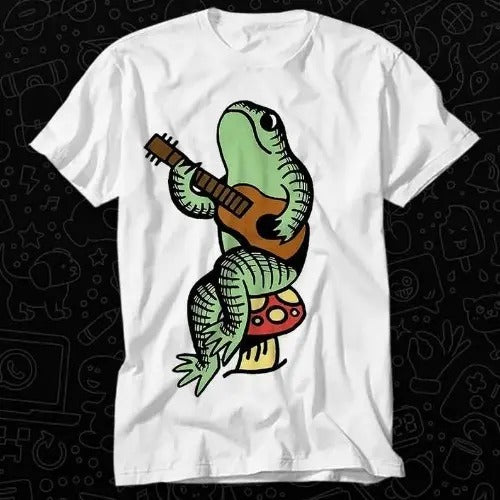 Frog Star Playing Guitar Magic Mushroom T Shirt Best Seller Gift Unisex Top Adult Tee Music Movie OZ555 Made in USA