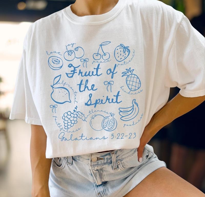 Fruit of the Spirit Christian Shirt, Doodle Bible Verse Shirt, Preppy Beach Tee, Trendy Farmer's Market Jesus Faith Apparel Shirt