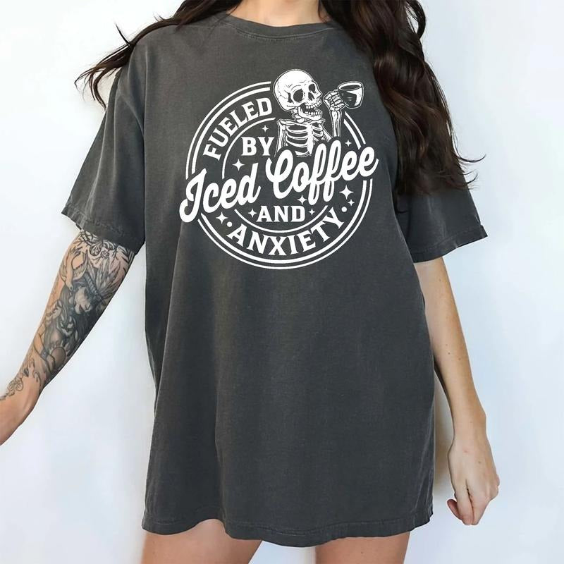 Fueled By Iced Coffee And Anxiety Shirt, Iced Coffee T-shirt, Caffeine-Powered Tee, Anxiety Graphic Printed Short Sleeve T-shirt, Gift for Coffee Lover, Cotton Fabric Comfort Shirt, Women's Tops, Womenswear Cotton Fabric Relaxed Fit Chic Style