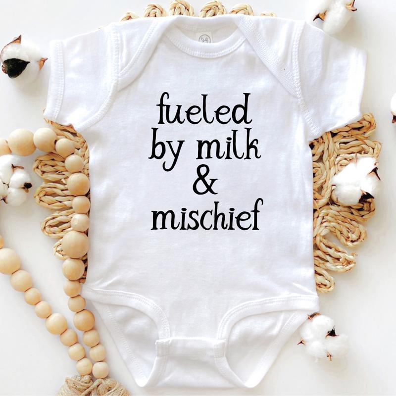 Fueled By Milk and Mischief, Toddler T-Shirts & Baby Bodysuits, Graphic Infant Clothes, Cute Baby Shower Gift, Trendy Kids Apparel, Soft Cotton Outfits