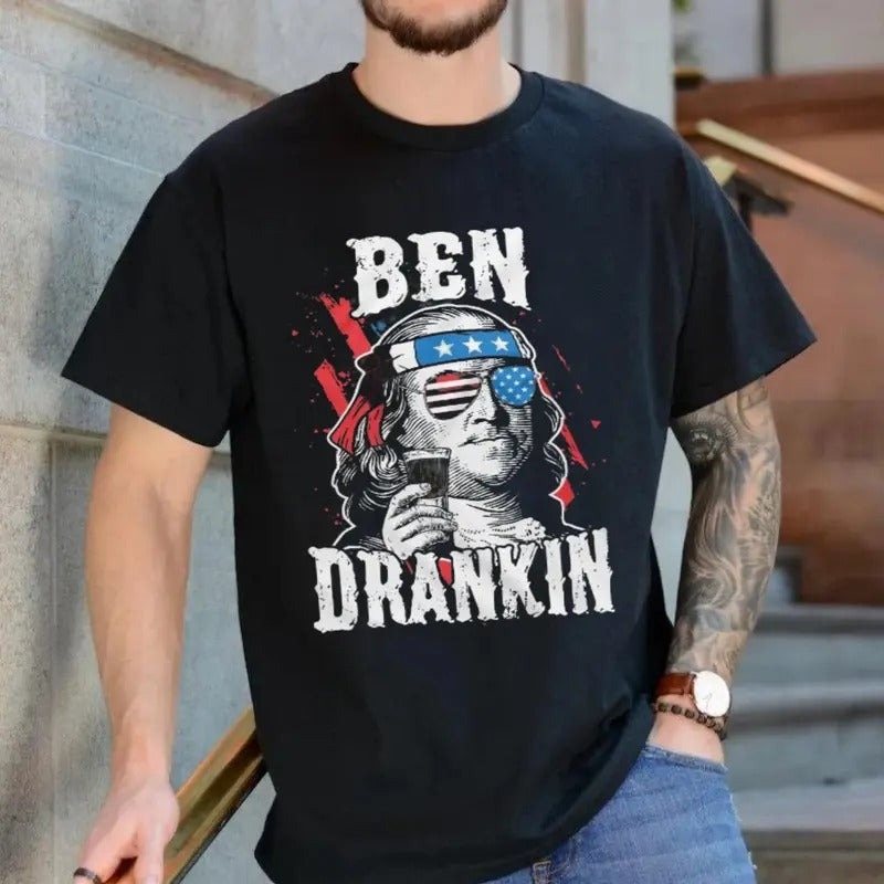 Funny 4th Of July Shirt Ben Drankin Shirt Fourth Of July Drinking Party Shirt Independence Day T Shirt Benjamin Franklin Patriotic Shirt, Unisex T-Shirt, Gifts For Men Women, Short Sleeve Tee Shirt, Gifts For Birthday Fathers Day