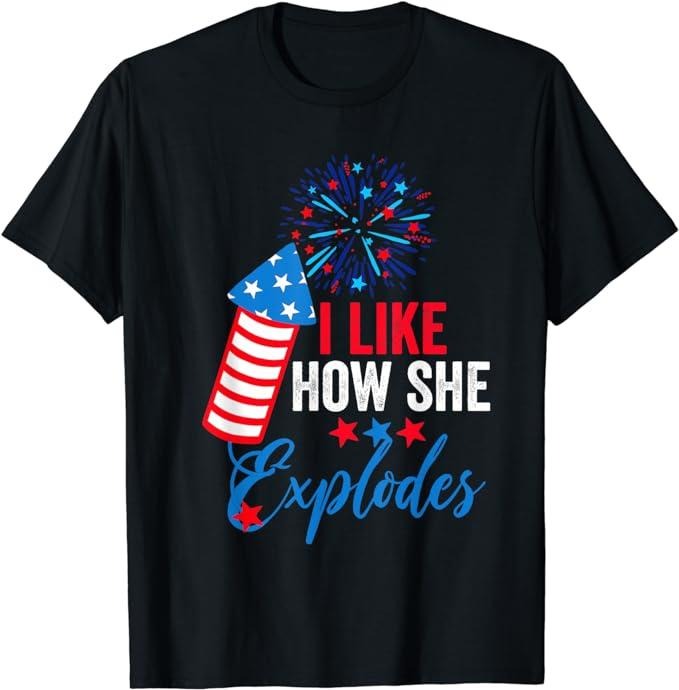 Funny 4th of July Shirts For Men, I Like How She Explodes, I Like How He Bangs July 4th Couple T-Shirt Menswear Top Casual Cotton Fashion Basic