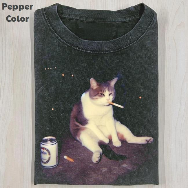 Funny Animal Vintage Graphic Tee, Midnight Existential Cat T-Shirt, Stupid Cat Animal Shirt, Unisex Meme Cringe Funny Shirt, Menswear Womenswear Streetwear Cotton Comfort