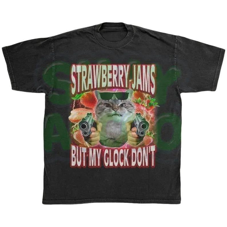 Funny Cat Meme Pun T-Shirt, Strawberry Jams But My Glock Don't, Gangster Cat Graphic Tee, Ironic Retro Tee, Dank Meme Shirt Gift Cotton Womenswear
