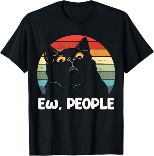 Funny Cat Shirts, Ew People Funny Black Cat Lover for Women Men Fun Cat Saying T-Shirt - Menswear Top
