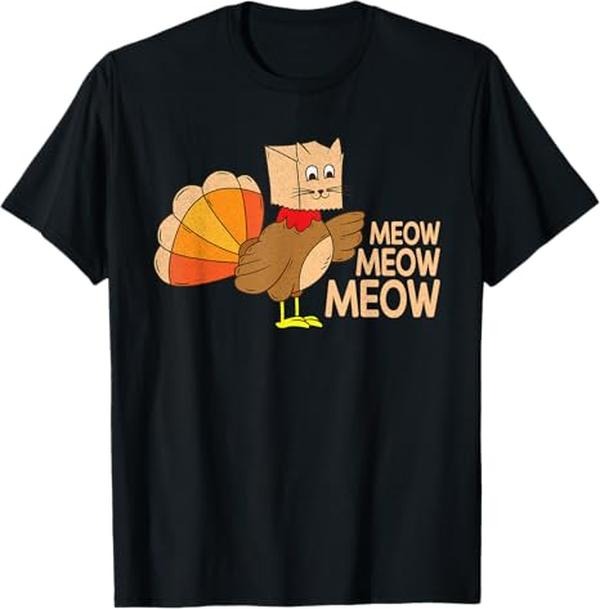 Funny Cat Shirts, Funny Thanksgiving Fake Cat Meow Thanksgiving Turkey T-Shirt - Menswear Top