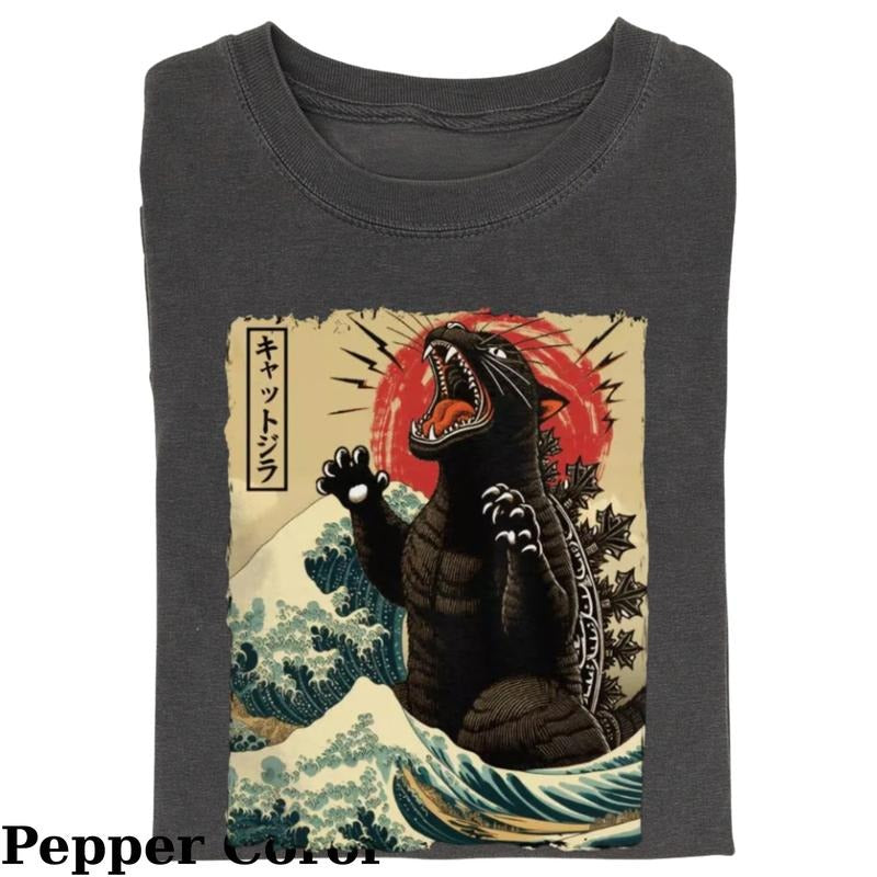 Funny Cat T Shirt Catzilla Graphic Tee Unisex Cat Lover Shirt Japanese Art Style T-shirt, Fantasy Kitten Tshirt, Cute Cat Shirt, Love Cat Tshirt,Meme Cringe Funny Dumb Shirts, Unisex Shirt Menswear Womenswear Streetwear