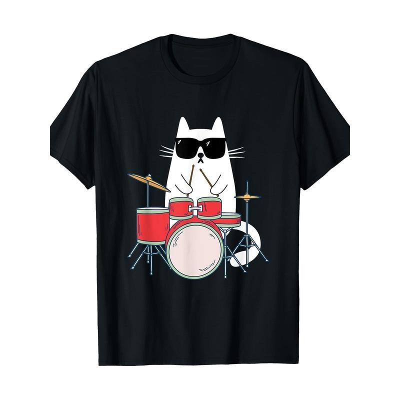 Funny Cat Wearing Sunglasses Playing Drums Drum Kit Musician T-Shirt 100%cotton Made in USA