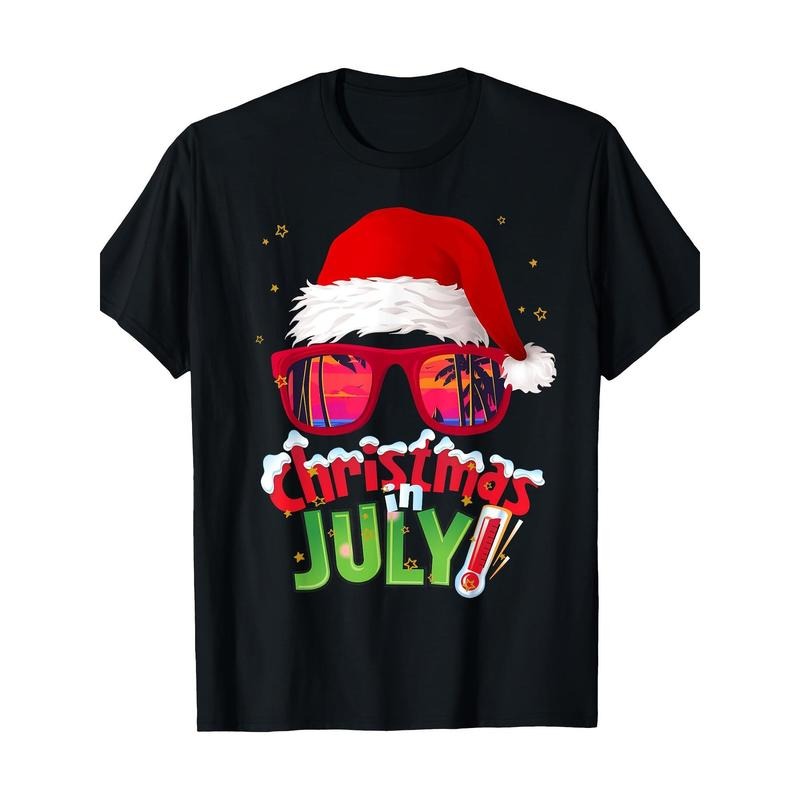 Funny Christmas July T-Shirt, Summer Santa Sunglasses, Christmas T-Shirt Made in USA