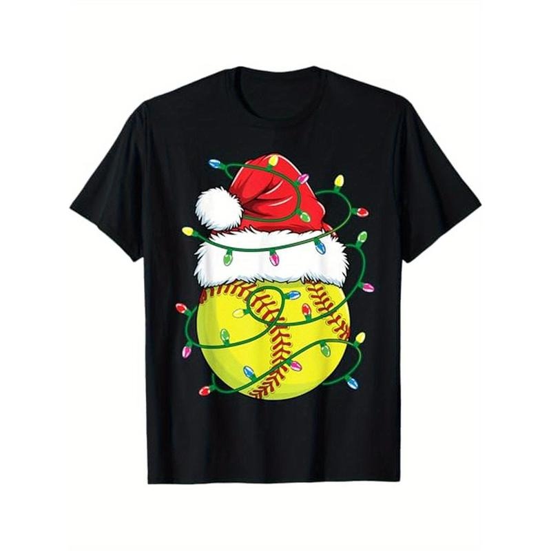 Funny Christmas Softball Santa Hat Womens Girls Xmas Lights T-Shirt, 100% Cotton, Gift for Men Women Dad Mom Friends, S-XXXL, Black Made in USA