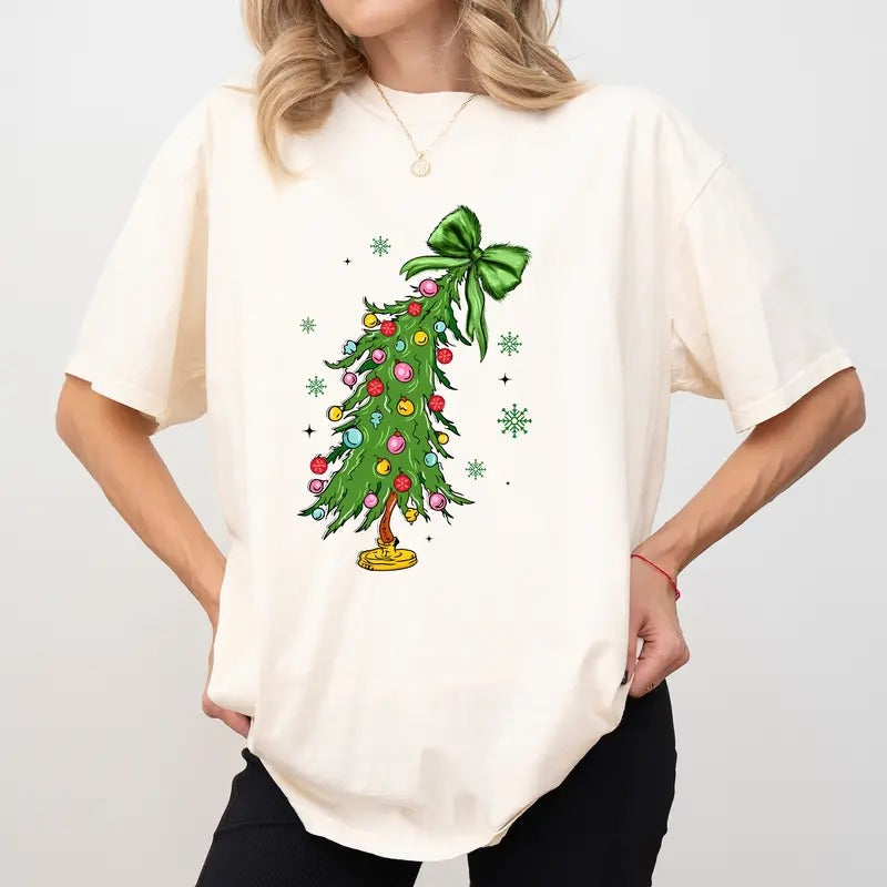 Funny Christmas Tree Comfort Colors Shirt, Merry Greenmas Unhinged Tees, Merry and Bright Tee, Coquette Green Christmas Bow Oversized Graphic Tee