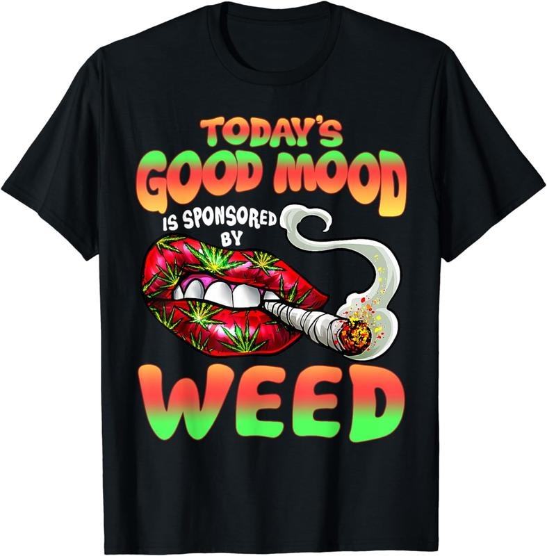 Funny Cool Sexy Lips Weed Cannabis Marijuana Leaves Smoking T-Shirt