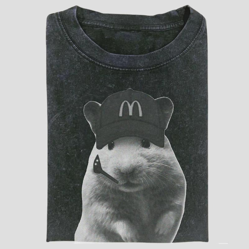 Funny Fast Food Hamster Graphic Tee, Vintage Meme Workwear Shirt, McRat Drive Thru Aesthetic, Unisex Menswear Womenswear Top