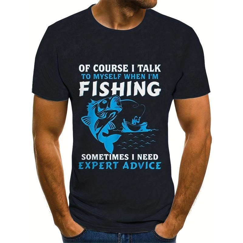 Funny Fishing Letter Pattern Print Men's Comfy Chic T-shirt, Graphic Tee Men's Summer Outdoor Clothes, Men's Clothing, Tops For Men, Gift For Men Made in USA