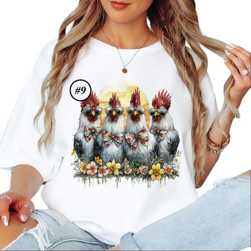 Funny Floral Roosters Watercolor Cute Chickens with Sunglasses Unisex T-shirt Hoodie Sweatshirt 1 Cotton Womenswear