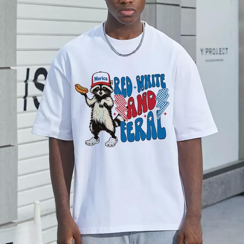 Funny Graphic Racoon Red White And Feral Tshirt, USA 4th Of July Party Tee, Hotdog Raccoon Merica Independence Day Gifts Unisex T-Shirt