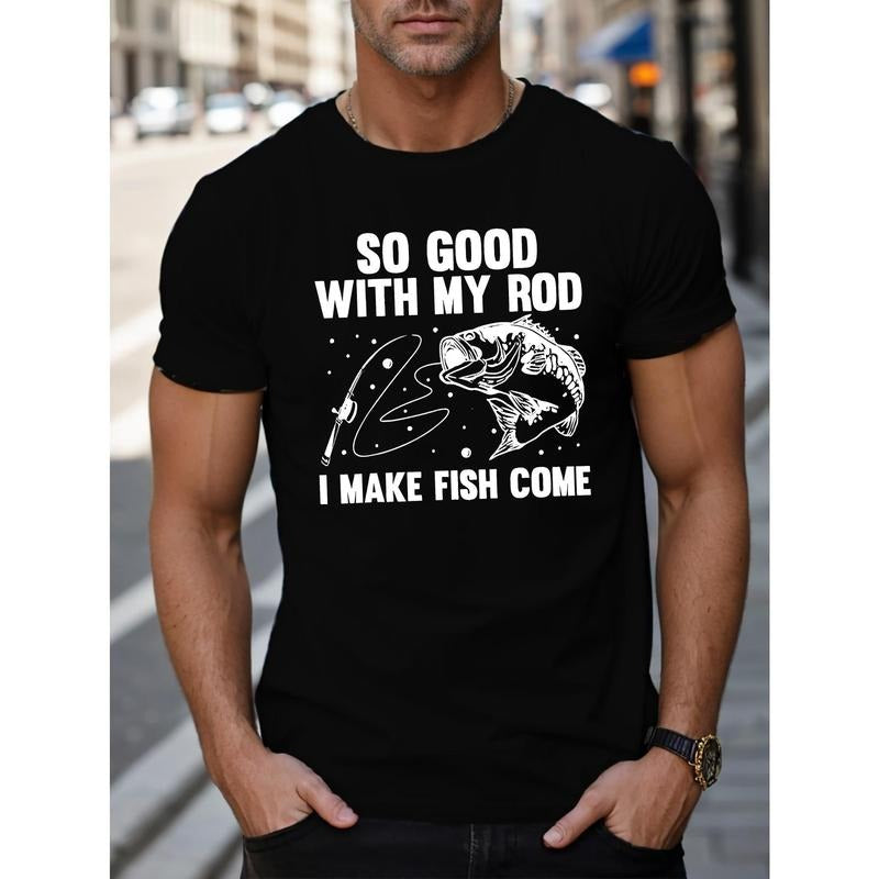 Funny Graphic Tee - Short Sleeve Summer Top with Humorous "I Make Fish Come" Print - Casual Men's T-Shirt for Outdoor Activities Made in USA