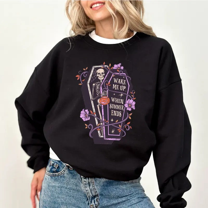 Funny Halloween Skeleton Sweatshirt, Wake Me Up When Summer Ends Crewneck, Aesthetic Coffin Sweater, Creepy Skeleton Tops for Women, Spooky Season Sweatshirt, Comfy Long Sleeve Pullover, Cute Women's Tops, Casual Womenswear, Comfort Fabric Cotton Top