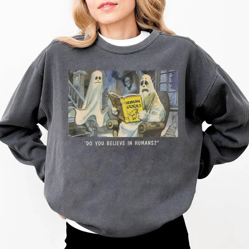 Funny Halloween Sweatshirt, Do You Believe In Human Shirt, Retro Halloween Sweater, Ghost Tee, Halloween Gift For Introvert, Ghost Reading Book Shirt, Ghost Book Sweater